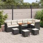 Set de 10 piese de canapea pentru grădină cu perne, Negru, Ratan poli, Acacia, Set de 4 piese de dining pentru grădină cu perne, Negru, Ratan poli, Acacia GartenMobel Dekor