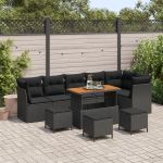 Set de canapea de grădină  cu 10 piese cu perne Negru Ratan polimeric Acacia, Set de dining de grădină  cu 4 piese cu perne Negru Ratan polimeric Acacia GartenMobel Dekor