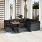 Set de canapea de grădină  cu 12 piese și perne, ratan poliester negru și acacia, Set de dining de grădină  cu 3 piese și perne, ratan poliester negru și acacia GartenMobel Dekor