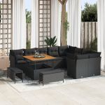 Set de sofa de grădină  12 piese cu perne Negru Poli Ratan Acacia, Set de dining de grădină  3 piese cu perne Negru Poli Ratan Acacia GartenMobel Dekor