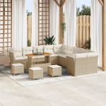Set de Sofa pentru Grădină cu 14 Piese cu Perne Bej din Poliratan Acacia,  Set de Dining pentru Grădină cu 4 Piese cu Perne Bej din Poliratan Acacia GartenMobel Dekor