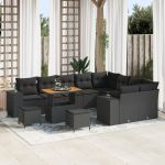 Set Canapea Grădină  cu 12 Piese cu Perne Negru Poliratan Acacia, Set de Dining Grădină  cu 3 Piese cu Perne Negru Poliratan Acacia GartenMobel Dekor