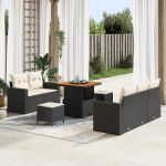 Set canapea de grădină  8 piese cu perne Ratan poly negru Acacia, Set de dining de grădină  3 piese cu perne Ratan poly negru Acacia GartenMobel Dekor