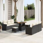 Set de Canapea  cu 9 Piese și Pernă Neagră Rattan Polimeric Acacia, Set de Dining din 3 Piese  cu Pernă Neagră Rattan Polimeric Acacia GartenMobel Dekor