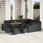 Set de Canapea Grădină  de 13 Piese cu Perne Negru Poliratan Acacia, Set de Dining pentru Grădină  de 4 Piese cu Perne Negru Poliratan Acacia GartenMobel Dekor