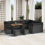 Set de Canapea pentru Grădină  cu 13 Piese și Perne Negru Poliratan Acacia, Set de Dining pentru Grădină  cu 4 Piese și Perne Negru Poliratan Acacia GartenMobel Dekor