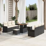 Set de Sofa pentru Grădină  9 Piese cu Perne Ratan Polimer Negru Acacia, Sofa de Grădină  cu 2 Locuri cu Perne Ratan Polimer Negru, Set de Dining Grădină  3 Piese cu Perne Ratan Polimer Negru Acacia GartenMobel Dekor