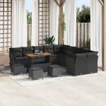 Set de Sofa pentru Grădină  de 14 Piese cu Perne Negru Poliratan Acacia, Set de Cină pentru Grădină  de 4 Piese cu Perne Negru Poliratan Acacia GartenMobel Dekor