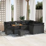 Set de canapea de grădină  12 piese cu perne Ratan Poliratan Acacia Negru, Set de dining de grădină  3 piese cu perne Ratan Poliratan Acacia Negru GartenMobel Dekor