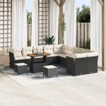 Set de canapea de grădină  cu 13 piese și pernuțe, Negru, Ratan, Acacia, Set de dining de grădină  cu 3 piese și pernuțe, Negru, Ratan, Acacia GartenMobel Dekor