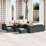 Set de sofa de grădină  cu 13 piese cu perne Black Poly Rattan Acacia, Set de dining de grădină  cu 3 piese cu perne Black Poly Rattan Acacia GartenMobel Dekor