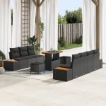 Set de canapea de grădină cu 10 piese și perne, negru, rattan polimeric, acacia,  Set de dining de grădină cu 3 piese și perne, negru, rattan polimeric, acacia GartenMobel Dekor