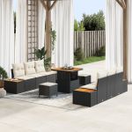 Set canapea grădină  9 piese cu perne Negru Ratan poliester Acacia, Set dining grădină  3 piese cu perne Negru Ratan poliester Acacia GartenMobel Dekor
