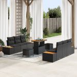 Set de canapea de grădină  cu 9 piese cu perne Negru Ratan Poli Acacia, Set de dining de grădină  cu 3 piese cu perne Negru Ratan Poli Acacia GartenMobel Dekor
