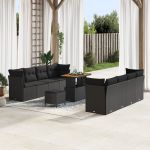 Set de canapea de grădină cu 11 piese și perne Negru Poli Ratan Acacia,  Set de dining de grădină cu 3 piese și perne Negru Poli Ratan Acacia GartenMobel Dekor