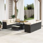 Set de Canapea de 11 Piese pentru Grădină cu Perne Negru Poliratan Acacia, Set de Dining pentru Grădină de 3 Piese cu Perne Negru Poliratan Acacia GartenMobel Dekor