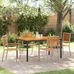 Set de dining 5 piese pentru grădină Bej Poliratan Acacia,  Scaune de grădină stivuibile cu perne - Set de 2 în Bej Poliratan,  Masă de grădină 150x90x75 cm din lemn de acacia solid și metal GartenMobel Dekor
