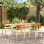 Set Mese Grădină  cu 5 piese din Lemn Masiv de Tec, Masa Zahar Exterior  180x90x75 cm din Lemn Masiv de Tec, Scaune Grădină Stivuite 4 bucăți din Lemn Masiv de Tec și Oțel GartenMobel Dekor