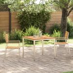 Set de masă pentru grădină  3 Piese din Lemn Solid de Tec, Masă de exterior  90x90x74.5 cm din Lemn Solid de Tec, Scaune de grădină stackabile  2 bucăți din Lemn Solid de Tec și Oțel GartenMobel Dekor