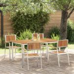 Set mese grădină  5 piese din lemn masiv de acacia, Masă dining afară  150x90x75 cm din lemn masiv de acacia, Scaune grădină stivuibile 4 buc din lemn masiv de acacia și metal GartenMobel Dekor