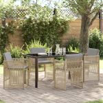 Set de dining pentru grădină cu 5 piese cu perne în rattan bej,  Masă de grădină în negru 140x80x73 cm cu sticlă securizată GartenMobel Dekor