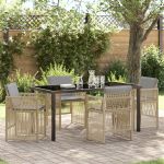Set dining grădină 5 piese cu perne Ratan Bej, Masă grădină  Neagră 160x80x73 cm Sticla securizată GartenMobel Dekor