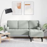 Canapea de Grădină  cu Bancă și Perne în Formă de L Gri Deschis Catifea, Canapea cu 3 Locuri  cu Chaise în Formă de L Gri Deschis 160 cm Catifea, Bancă  Gri Deschis 113 cm Catifea GartenMobel Dekor