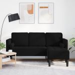 Canapea de grădină  cu bancă și perne în formă de L din catifea neagră, Canapea 3 locuri  cu chaise în formă de L neagră 160 cm catifea, Bancă  neagră 113x57x39 cm catifea GartenMobel Dekor