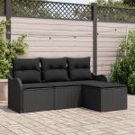 Set de Canapea Grădină  4 Piese cu Perne Rattan Polimer Negru, Canapea de Grădină  2 Locuri cu Perne Rattan Polimer Negru GartenMobel Dekor
