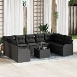 Set de Canapea Grădină  10 Piese cu Perne Bej din Ratan PVC, Canapea Grădină cu 2 Locuri  cu Perne Negre din Ratan PVC GartenMobel Dekor