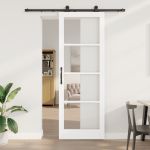 Ușă Glisantă  cu Set de Accesorii 'ORKDAL'Alb din Lemn Masiv & Sticlă, Ușă Interioară  cu Sticlă 'ORKDAL'Alb 83x232x4 cm GartenMobel Dekor