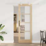 Set Ușă Culisantă  cu Hardware 73.5x211 cm Lemn Masiv Pin, Ușă Interioară  cu Sticlă 'ORKDAL'73.5x211x4 cm Lemn Masiv Pin GartenMobel Dekor