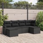 Set pentru Grădină, 6 Piese cu Perne Rattan Poli Negru,  Canapea de Grădină cu 2 Locuri cu Perne Rattan Poli Negru GartenMobel Dekor
