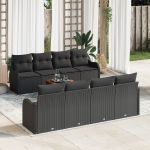 Set de 9 Piese pentru Grădină cu Perne Negru Poliratan Acacia, Sofa de Grădină cu 2 Locuri și Perne Negru Poliratan GartenMobel Dekor