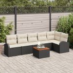 Set canapea de grădină 7 piese cu perne Black Poly Rattan Acacia GartenMobel Dekor
