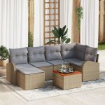 Set de 7 Piese de Sofa de Grădină cu Perne Bej din Rattan Poli Acacia GartenMobel Dekor