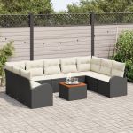Set de canapea de grădină 10 piese cu perne Rattan polițit negru Acacia GartenMobel Dekor