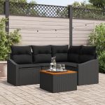 Set de 5 Piese de Sofa pentru Grădină cu Pernă Neagră din Ratan Polimer Acacia GartenMobel Dekor