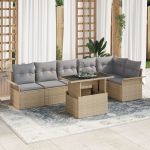 Set de Sofa de Grădină cu 7 Piese cu Perne Bej Ratan Poli GartenMobel Dekor