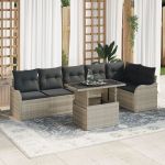 Set 7 piese canapele grădină cu perne gri deschis din ratan poli, Canapea grădină 2 locuri cu perne gri deschis din ratan poli GartenMobel Dekor