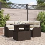 Set Sofa Grădină  5 Piese cu Pernă Maro Ratan Poli, Sofa Grădină  2 Locuri cu Pernă Maro Ratan Poli GartenMobel Dekor