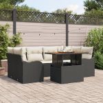 Set Sofa Grădină  cu 7 Piese și Perne Negre Ratan Poliester Acacia, Sofa Grădină  cu 2 Locuri și Perne Negre Ratan Poliester GartenMobel Dekor