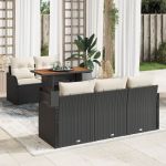 Set de sofa de 6 piese  cu perne Negru Ratan Poliester Acacia, Sofa de grădină de 2 locuri  cu perne Negru Ratan Poliester GartenMobel Dekor