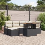 Set de sofa de grădină  7 piese cu perne Negru Ratan Poli Acacia, Sofa de grădină  2 locuri cu perne Negru Ratan Poli GartenMobel Dekor