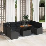 Set de Masă și Scaune pentru Grădină cu 10 Piese și Perne Negru Rattan Poli Acacia GartenMobel Dekor