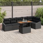 Set de dining pentru grădină cu 7 piese și perne, Ratan Poly negru, Acacia GartenMobel Dekor