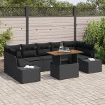 Set de dining pentru grădină de 8 piese cu perne, ratan poli, acacia, negru GartenMobel Dekor