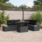 Set 6 piese pentru grădină cu perne din ratan sintetic negru și acacia GartenMobel Dekor