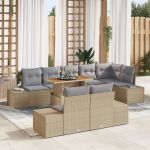 Set de dining cu 9 piese cu perne Bej Ratan Poliester Acacia GartenMobel Dekor