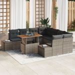 Set de dining de grădină cu 9 piese și perne, gri, din ratan polimeric și acacia GartenMobel Dekor